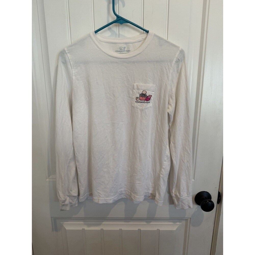 Vineyard Vines Size Small White Winter Whale Long Sleeve Pocket T Shirt